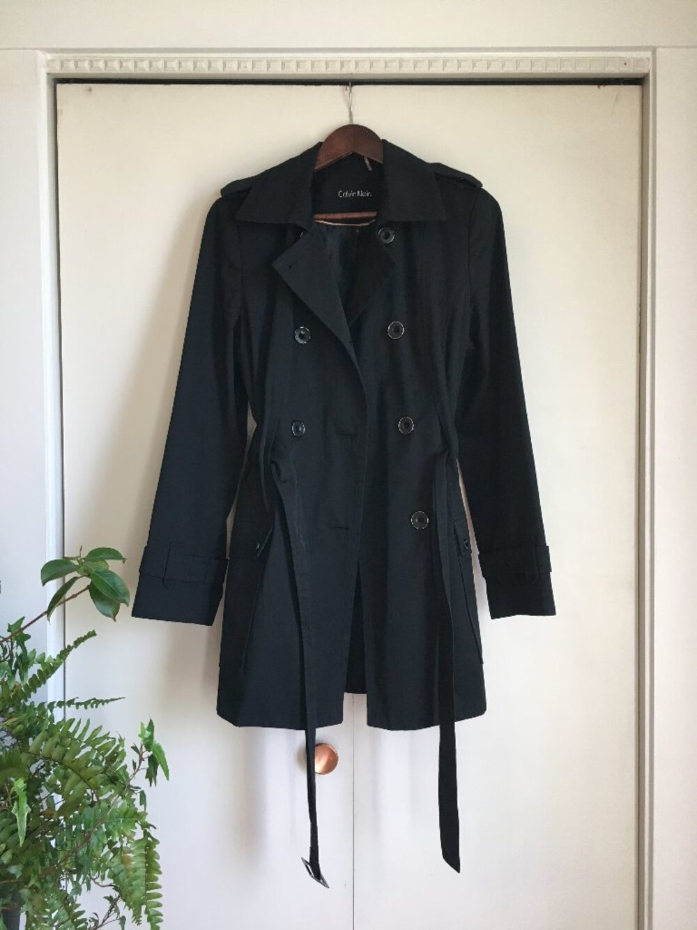 Stylish Calvin Klein Black Belted Cotton Blend Double Breasted Trench Coat - M